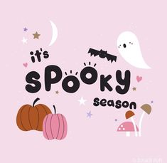 it's spooky season with pumpkins, mushrooms and bats on a pink background