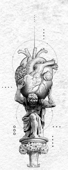 a drawing of a human heart on top of a statue