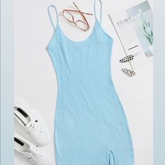 Cami Style Slit Dress Baby Blue Never Worn- Brand New Size Small Pinafore Skirt, Ribbed Knit Bodycon Dress, Frocks And Gowns, Shein Outfits, Cute Comfy Outfits, Fashion Design Clothes, Girls Fashion Clothes, Teenage Fashion Outfits, Tee Dress