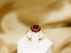 Experience the timeless elegance and sophisticated charm of our vintage 8K gold ring, artfully decorated with sparkling round-shaped garnet gemstones. Made from high-quality 333 yellow gold, this ring embodies classic beauty and excellent craftsmanship. With a ring size of 58, this ring offers a perfect fit for many wearers. The focus of the design is a large, round garnet gemstone, which is surrounded by other smaller round garnet gemstones. This elegant arrangement gives the ring a special dep Classic Round Ruby Cluster Ring, Classic Ruby Ring With Halo Design, Classic Ruby Ring With Brilliant Cut Garnet, Elegant Garnet Birthstone Ring, Classic Yellow Gold Garnet Birthstone Ring, Elegant Hallmarked Garnet Birthstone Ring, Classic Garnet Birthstone Ring In Yellow Gold, Formal Yellow Gold Garnet Cluster Ring, Formal Gold Garnet Birthstone Ring