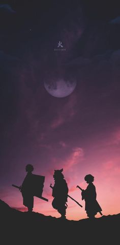 silhouettes of three people walking in front of a purple sky with the moon behind them