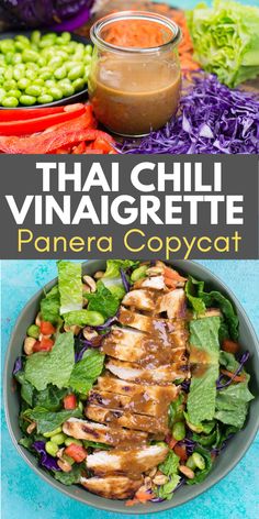 thai vinaigrette with chicken, lettuce and carrots in a bowl