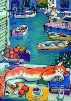 an orange cat laying on top of a table next to fruit and water with boats in the background