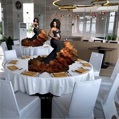 a woman in a black dress is sitting at a round table with white chairs and gold place settings