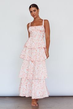 Shop the Provence Bloom Tiered Midi Dress Floral Orange | Selfie Leslie Pink Tiered Skirt Midi Dress For Garden Party, Summer Bridesmaid Maxi Dress With Smocked Back, Peach Ruffled Midi Dress For Garden Party, Spring Wedding Midi Dress With Tiered Skirt, Spring Wedding Tiered Midi Dress, Tiered Midi Dress For Spring Wedding, Sundress With Tiered Skirt For Garden Party, Feminine Midi Length Dress For Picnic, Spring Bridesmaid Tiered Dresses