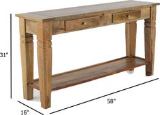 a wooden table with two drawers and a shelf on one side, measurements for each drawer