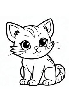 a cat with big eyes sitting down and looking at the camera, coloring pages for kids