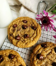 chocolate chip cookies cooling on a wire rack next to a glass of milk and a pink flower