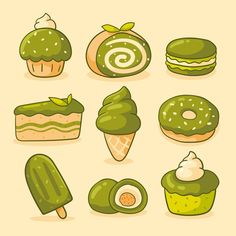 an assortment of green desserts and pastries on a beige background with white lettering