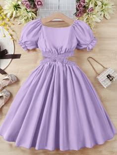 Vestito Da Ragazza Adolescente Con Manica A Sbuffo A Tinta Unita E Trasparenza Viola malva Carino  Maniche Corte Tessuto intrecciato Colore unico A linea Non-Elastico  Teen Girls Clothing, size features are:Bust: ,Length: ,Sleeve Length: Grade 7 Grad Dresses, Purple Dresses Short, Outfit To Draw, Year 6 Graduation, Cute Dress Designs, Purple Dress Short, Sneaker Ball Party, Diy Crafts Butterfly, Coquette Board