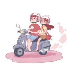 two people riding on the back of a scooter with helmets and goggles