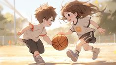 two children playing with a basketball in the street