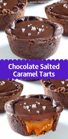 chocolate salted caramel tarts with text overlay