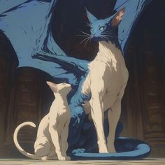 two cats sitting next to each other in front of a blue dragon