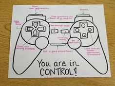 a drawing of a video game controller with words written on the front and side of it