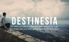 a young man sitting on top of a stone wall next to a mountain with the words destinesia