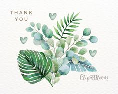 a watercolor painting of leaves and hearts on a white background with the words thank you