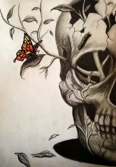 a drawing of a skull with a butterfly on it's head and leaves coming out of its mouth