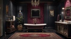 an ornate bathroom with red walls and black flooring, chandelier above the bathtub