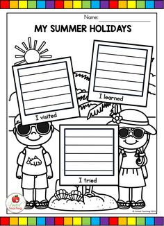 the summer holidays worksheet with two children holding up pictures and writing on them