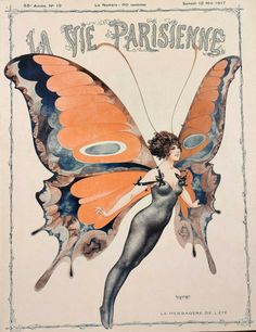 a woman with an orange and black butterfly on it's back is standing in front of the words la vie parisene