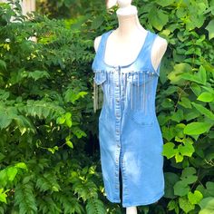 Nwot Perfect Condition Never Worn! Buttons Snap Shut #Victoriathreads Lightwash Jean, Rhinestone Fringe, Jean Color, Rhinestone Dress, Denim Vest, Vest Dress, Colored Jeans, Blue And Silver, Color Blue