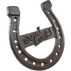 an iron horseshoe with the word good luck on it