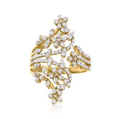 Ross-Simons - .50ct t. w. Diamond Flower Bypass Ring in 18kt Yellow Gold Over Sterling. Size 9. Make any outfit a bit more dressy by adding this fabulous flower bypass ring! Finely crafted in polished 18kt yellow gold over sterling silver and bright with .50 ct. t. w. diamond rounds. 1 1/8" wide. Diamond flower bypass ring. Diamond birthstones are the perfect gift for April birthdays. Female Rings, Emerald Necklace Pendant, Heart Promise Rings, Pear Shaped Ring, Sunflower Ring, Diamond Birthstone, Bypass Ring, Magnificent Century, Emerald Pendant