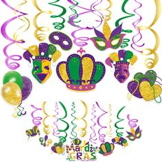 mardi gras decorations with masks and streamers in purple, green, and gold