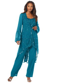 Made of lightweight georgette, this three-piece ensemble is embellished with beading on the top, jacket and pant. Scoop neck. Wide-leg pants with an elastic waist. Open-front jacket. Jacket: 40" length; Top: 28" length; Pants: 30" inseamPetite Jacket: 40" length; Top: 27" length; Pants: 29" inseamPoly georgetteDry cleanImported Customers also love our Three-Piece Lace Duster & Pant Suit. Click here to shop! Customers also love our Lace Popover Dress. Click here to shop!Customers also love our Vi