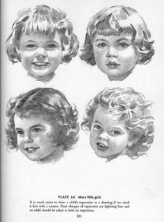 four children's heads are shown in this black and white drawing, with different expressions