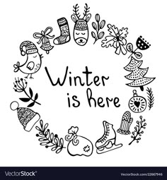 winter is here with hand drawn doodles in the shape of a circle on white background