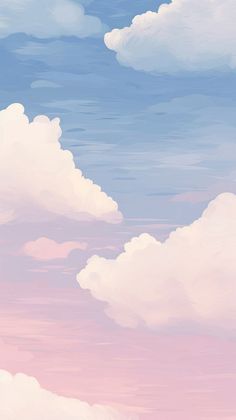 the sky is filled with white clouds and pink hues in pastel colors,