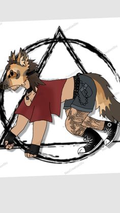 a drawing of a dog with tattoos on it's chest and legs, standing in front of a circle