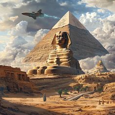 an artist's rendering of the great sphinx in front of a pyramid with a jet flying over it