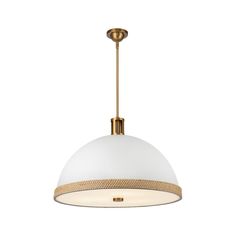 a white and gold pendant light hanging from a ceiling fixture with an oval shade on the top