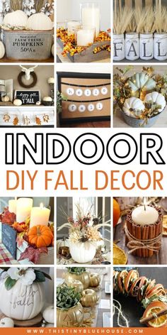 an indoor diy fall decor collage with pumpkins, candles and other decorations