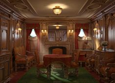 an old fashioned dining room with wood paneling