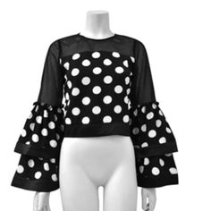 Zipper In Back. Brand New. Chic Black And White Spring Blouse, Black And White Long Sleeve Tops For Spring, Chic Black And White Tops For Fall, Fitted Black And White Tops For Party, Fitted Black And White Party Tops, Printed Peplum Top, Sheer Floral Top, Embellished Collar, Mesh Blouse