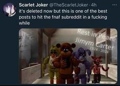 an image of five cartoon characters standing in front of a sign that reads, scartie joker 4 it's deleted now but this is one of the best posts to hit the subbedidi