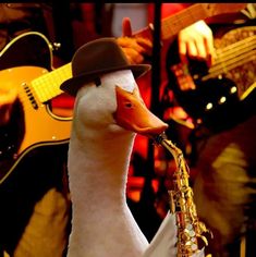 a duck wearing a hat and holding a saxophone in its mouth while standing next to other musical instruments