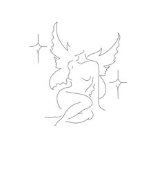 a line drawing of a naked woman with wings on her back, sitting in front of stars