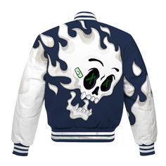 Brand Dunkare Midnight Navy 13s Shirt All Hustle No Lucky Skull All Over Print Baseball Varsity Jacket Halloween Cotton Outerwear With Skull Print, White Cotton Halloween Outerwear, White Cotton Outerwear For Halloween, Long Sleeve Cotton Outerwear With Skull Print, Cotton Long Sleeve Outerwear With Skull Print, Varsity Jacket Men, Baseball Varsity Jacket, Midnight Navy, All Over Print