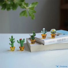 three small cactus plants sitting on top of a book