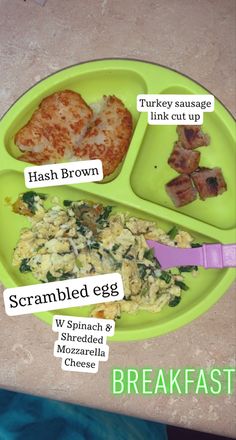 a green plate topped with different types of food