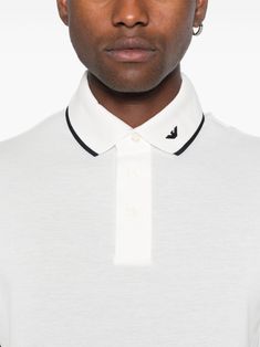 white cotton piqué weave striped edge logo-embroidered collar polo collar front button placket short sleeves ribbed cuffs side slits straight hem This item is in size XL and the color is White Edge Logo, Armani Tshirt, Armani Logo, Contour Kit, Embroidered Collars, Versace Outfit, Polo Shirt White, Armani Men, Cotton Polo Shirt