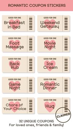 coupon stickers for valentine's day are shown in pink and beige colors