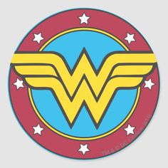 wonder woman logo sticker with stars on the bottom and red, white, and blue background