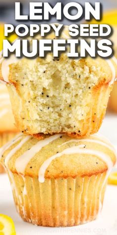 lemon poppy seed muffins stacked on top of each other with the title overlay