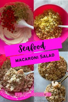 seafood macaroni salad in pink bowls with spoons on the side and text overlay